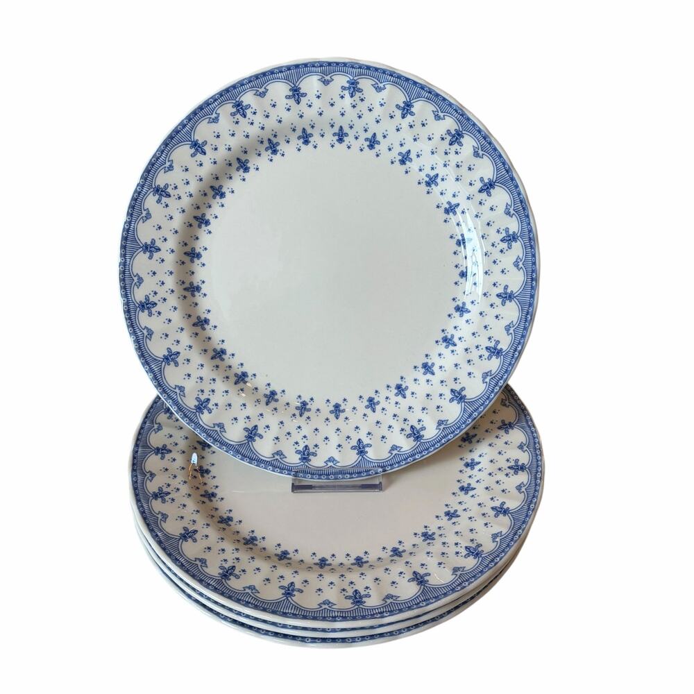 Blue Fleur de Lys Dinner Plates 10.5in Ceramic Set of 4 Made in Columbia NEW